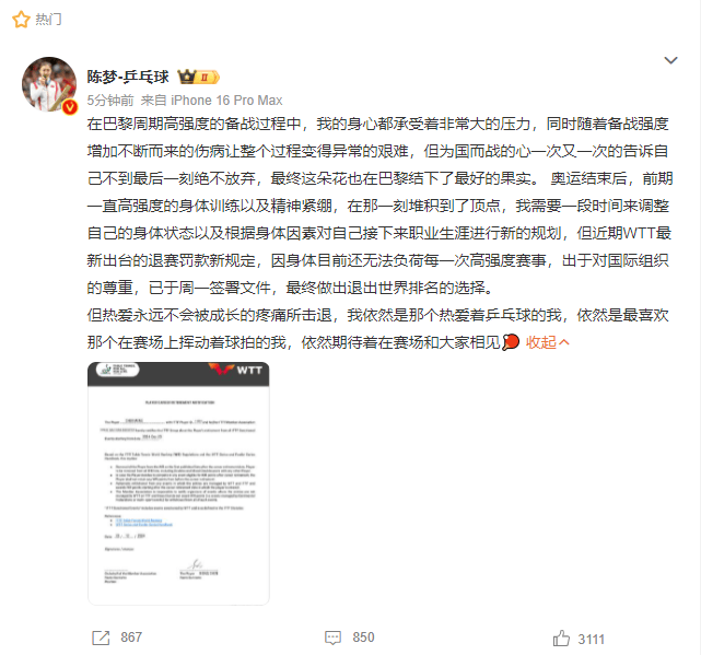 皇冠登2代理_陈梦、樊振东发文:退出WTT世界排名