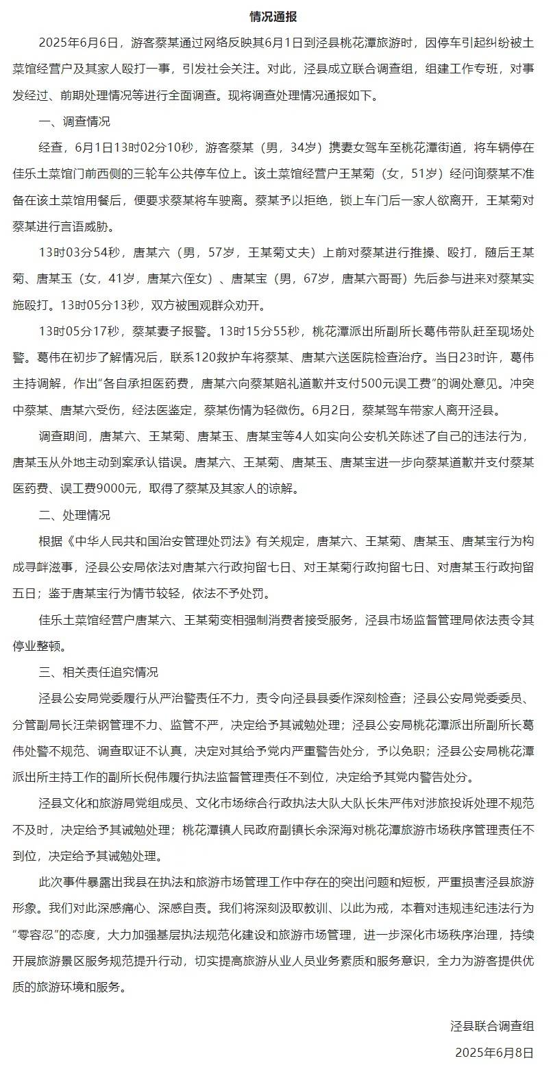 皇冠信用网正网
_官方通报泾县游客被打事件处理结果:受害人获赔9000皇冠信用网正网
,3人被行拘,县公安局多人被追责